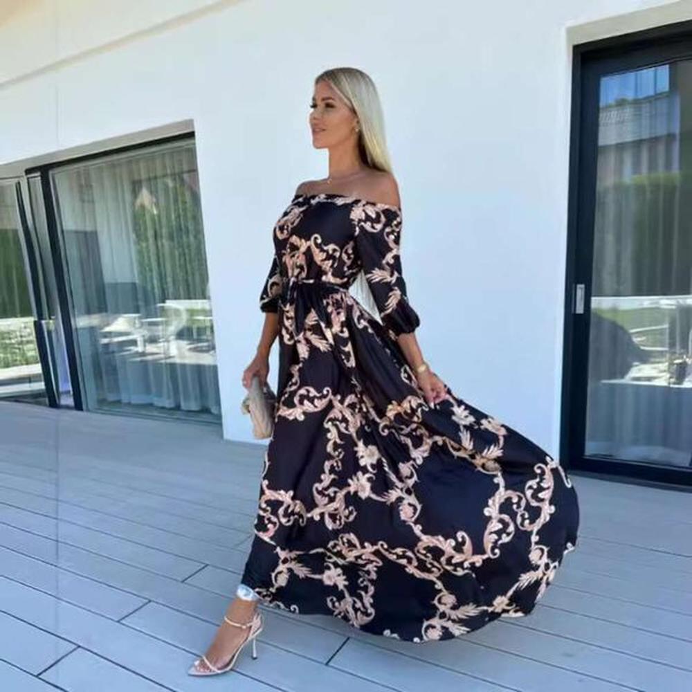 long skirt summer new seaside vacation style one line collar