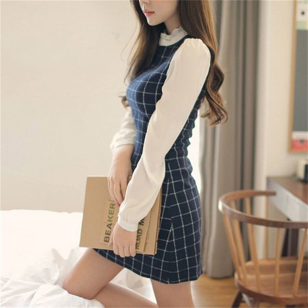 long sleeve plaid dress women korean patchwork bottom dress for