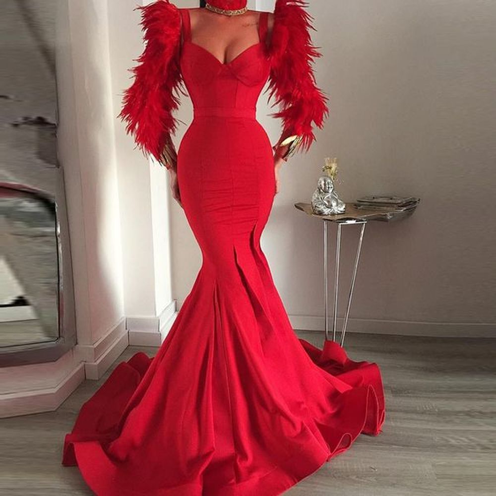 long sleeves mermaid red satin abendkleider evening dresses with