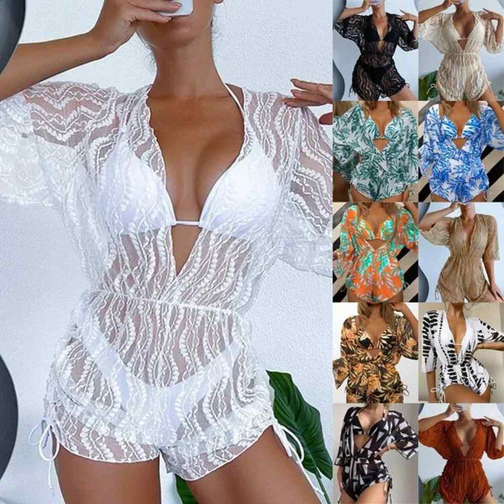 longsleeved mesh belted onepiece swimsuit womens swimwear summer printed drawstring
