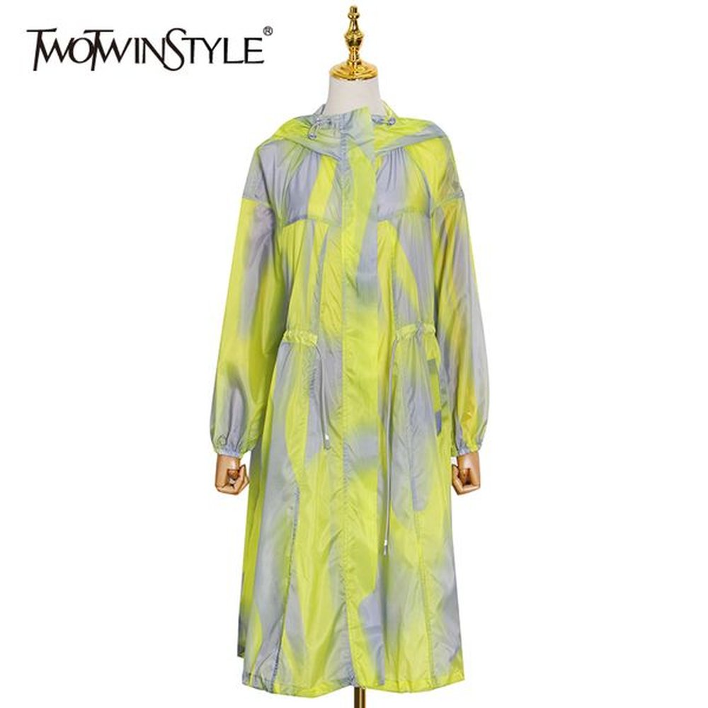 loose drawstring print coat for women hooded long sleeve hit