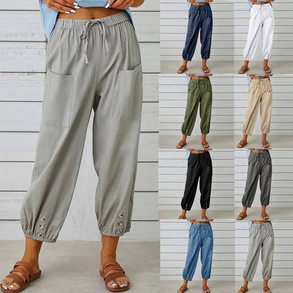 loose fit high waisted buttoned cotton and linen pants