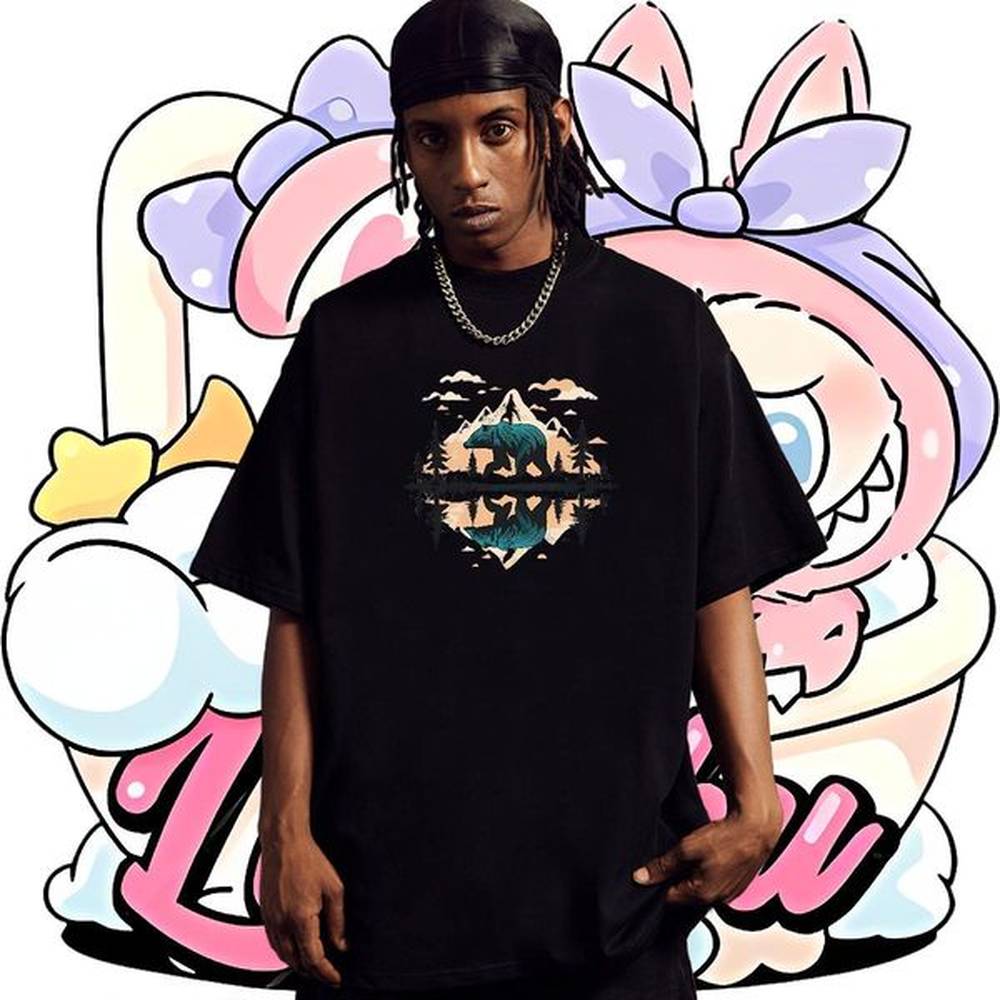 Loose Fit Mens Tshirts 100% Cotton 230g Casual Beach bear Anime Print Crew Neck DIY T-Shirts for Men Tees Shirts