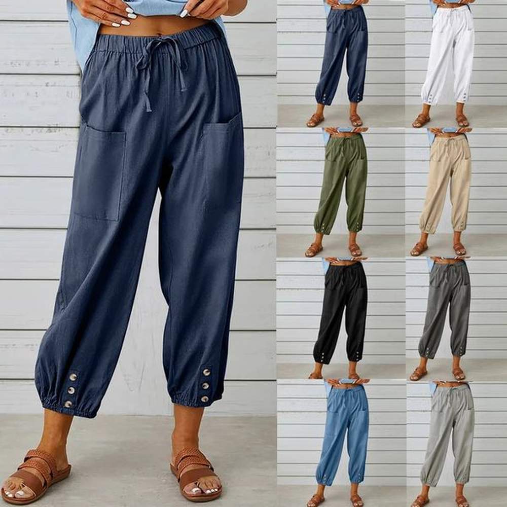 loose high waisted buttoned cotton and linen pants cut wide