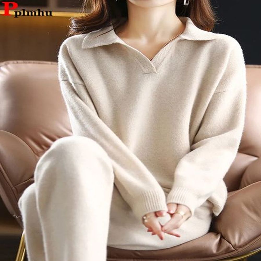 loose knitted piece set korean polo collar sweater pullover conjuntos