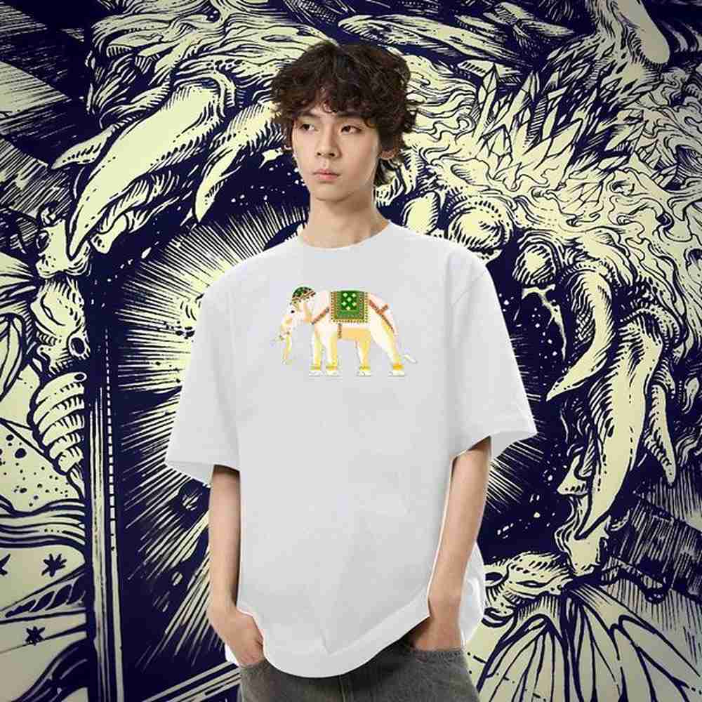 Loose Men Tees 230g Cotton Street elephant Custom Printed Breathable Short Sleeve DIY T-Shirts for Men Clothes