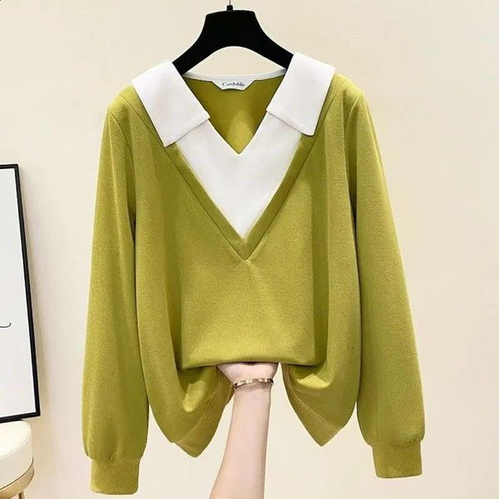 loose spring autumn polo collar stitching longsleeved twopiece sweatshirt women