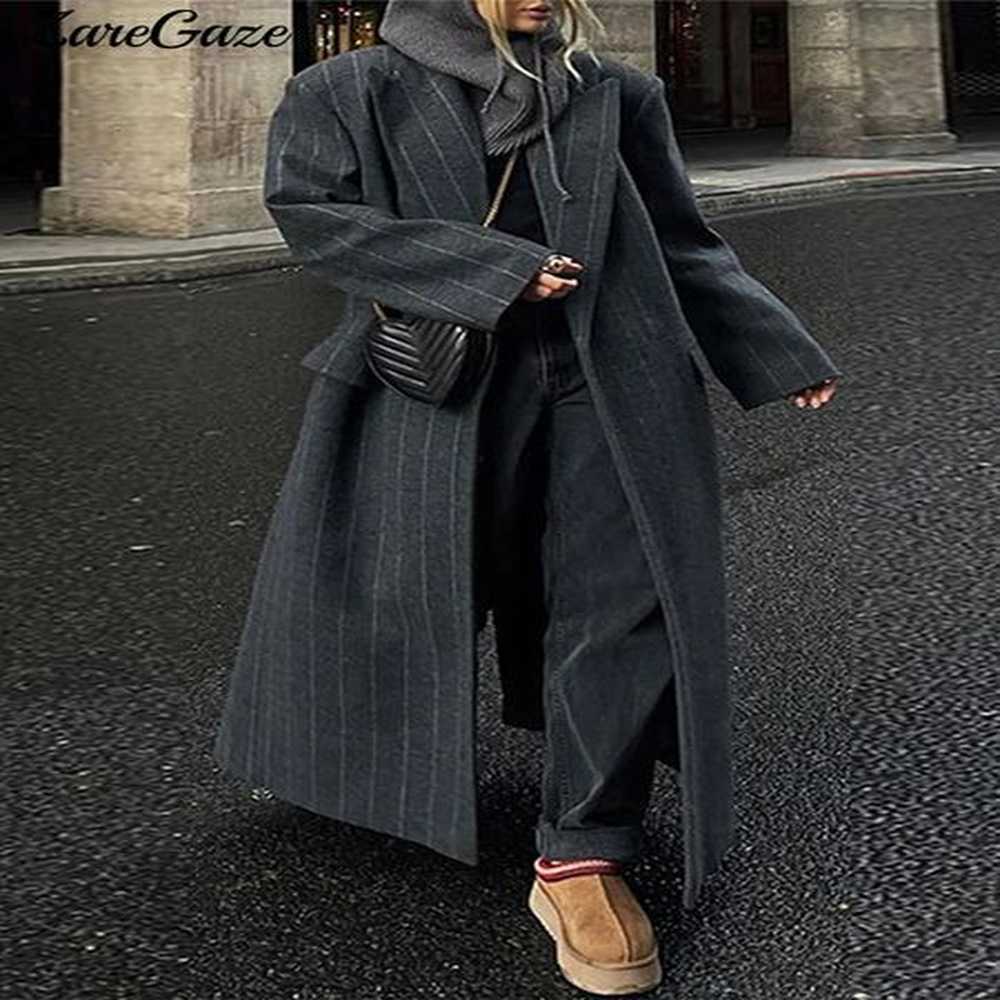 loose striped gray long coat womens lapel full sleeve single