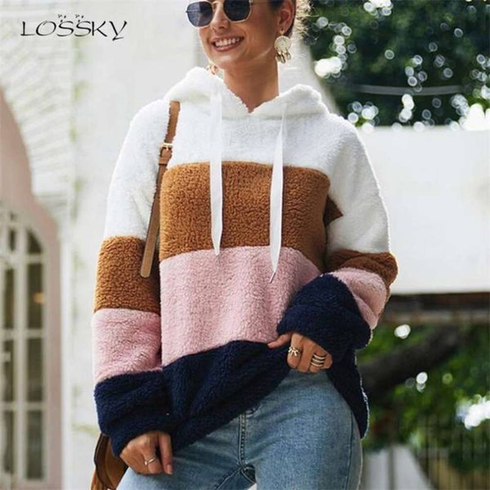 lossky women hoodies sweatshirt striped patchwork ladies long sleeve pullover