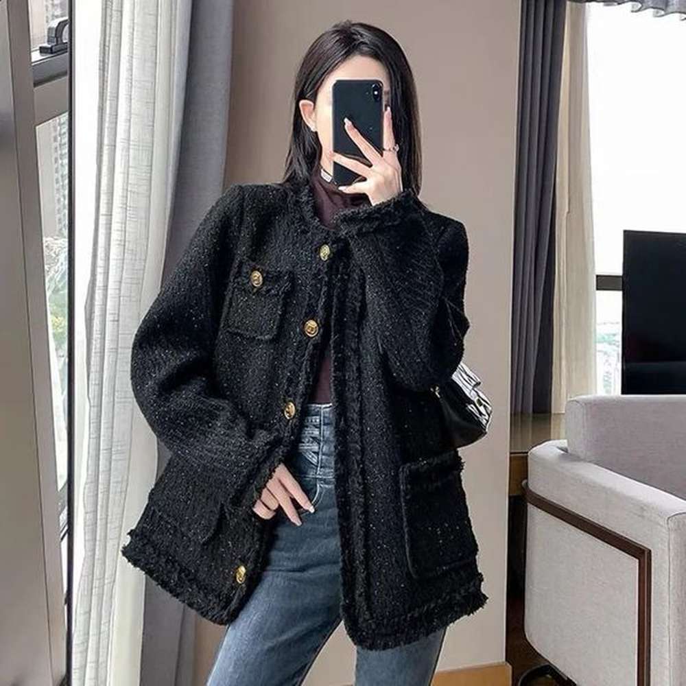 lucyever temperament tweed black jacket women elegant thicken single breasted