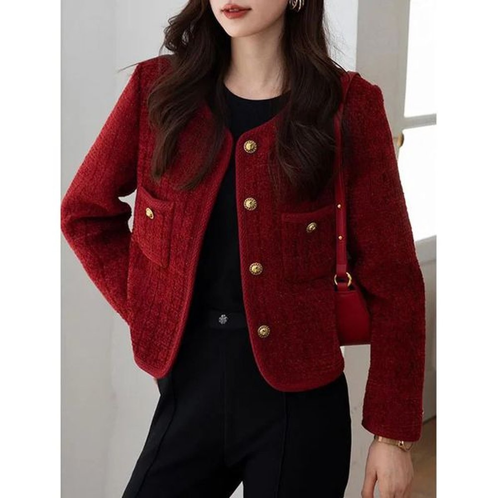 lucyever wine red tweed coats female autumn winter fashion