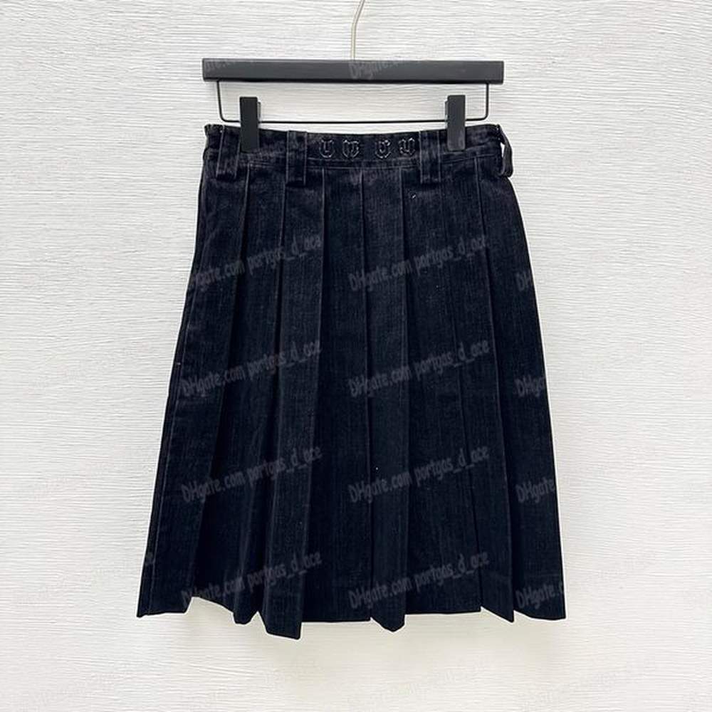 luxury black denim skirt womens pleated skirt letter patch designer