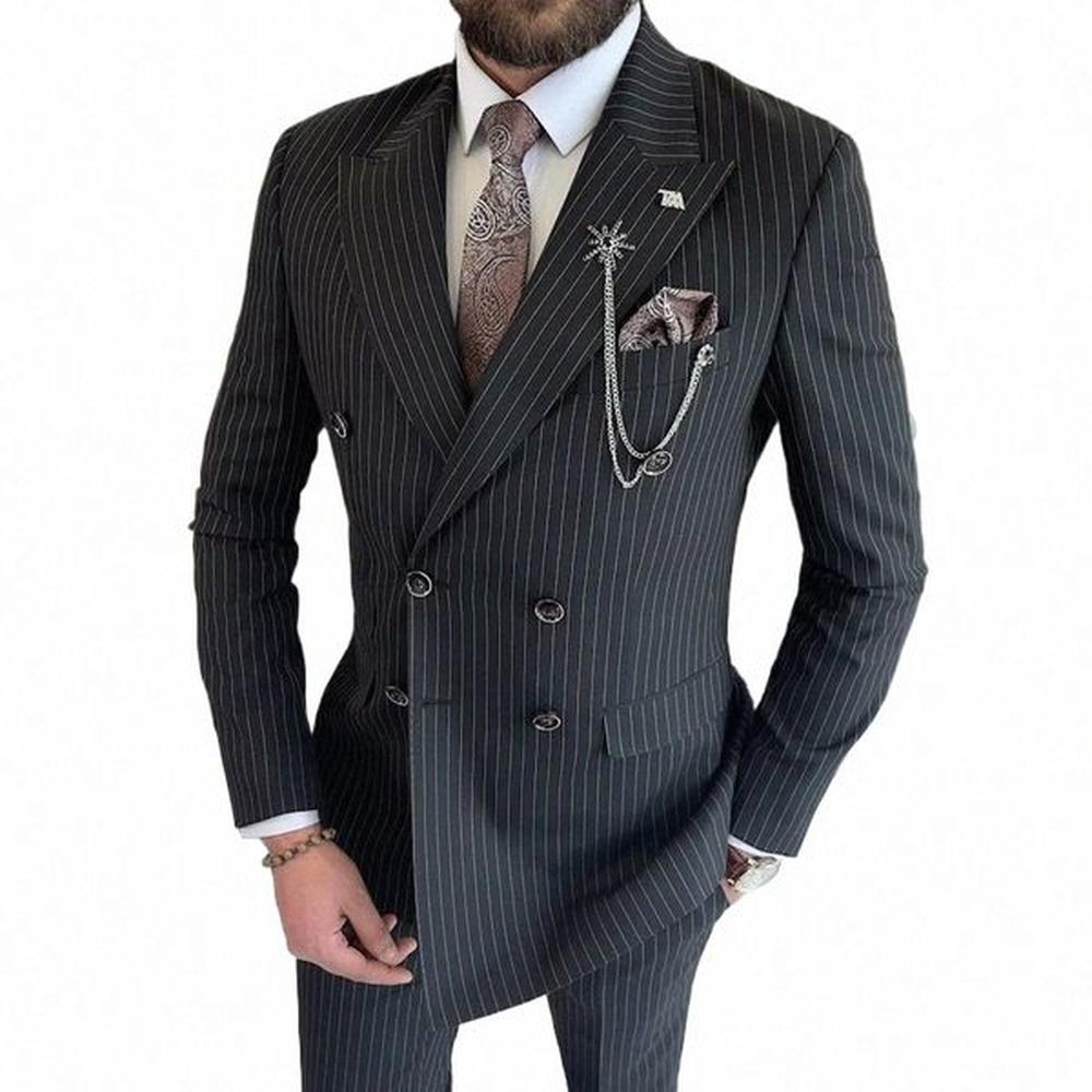 luxury Black Stripe Pattern Double Breasted Peak Lapel 2 Piece Jacket Pants Formal Busin Men's Suits Formal Party Full Set 277s#