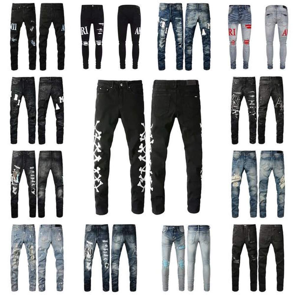 luxurys designer jeans Distressed France Fashion Pierre Straight Men's Biker Hole Stretch Denim Casual Jean Men Skinny Pants Elasticit