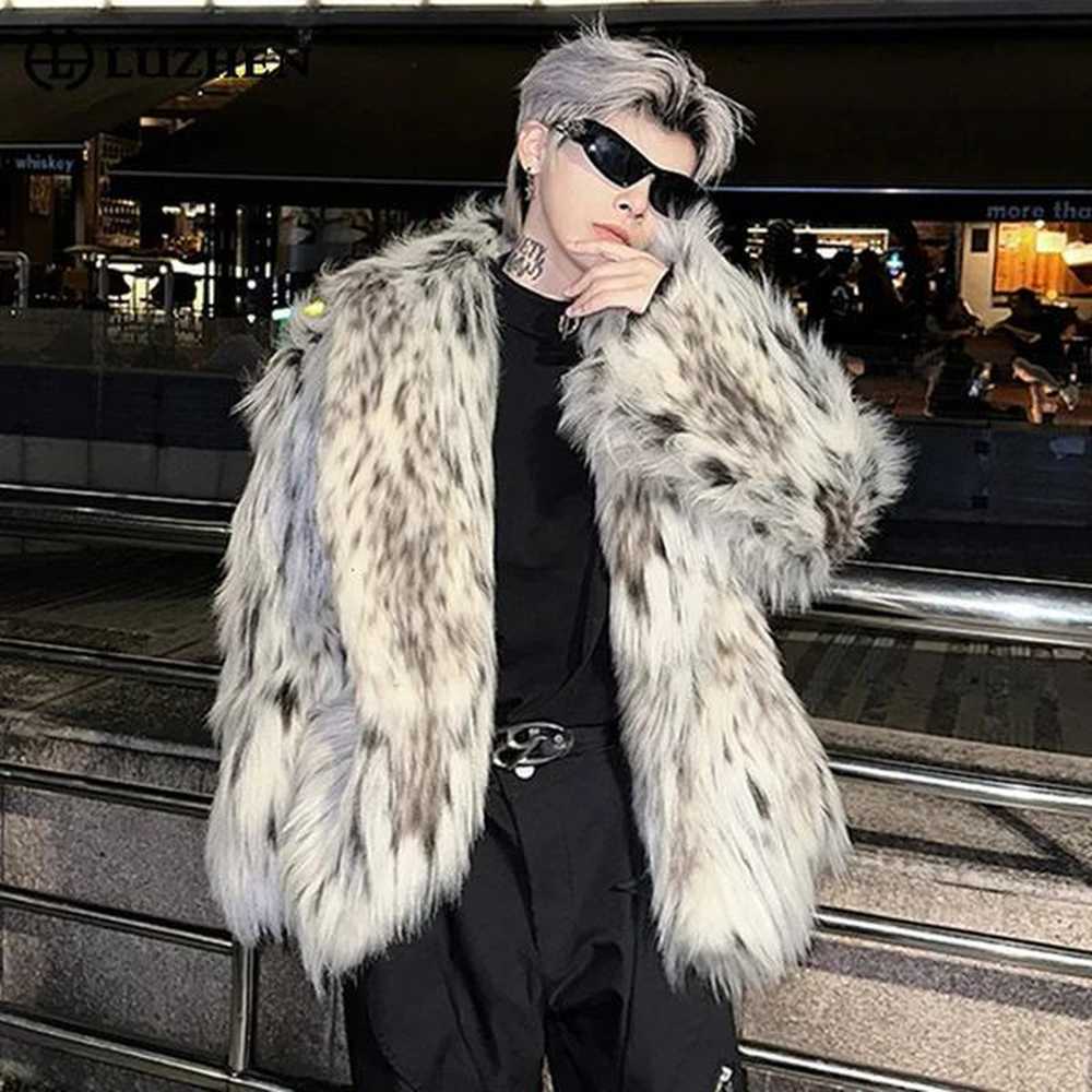 LUZHEN High End Trendy Faux Fur Overcoat Leopard Personalized Elegant Casual Windproof Winter Mens Tops Coat LZ7984 250109