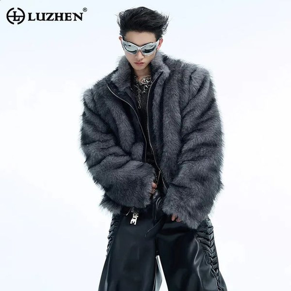 LUZHEN Winter Light PU Leather Splicing Short Faux Fur Coat Mens Casual Jacket Clothing LZ7160 241116