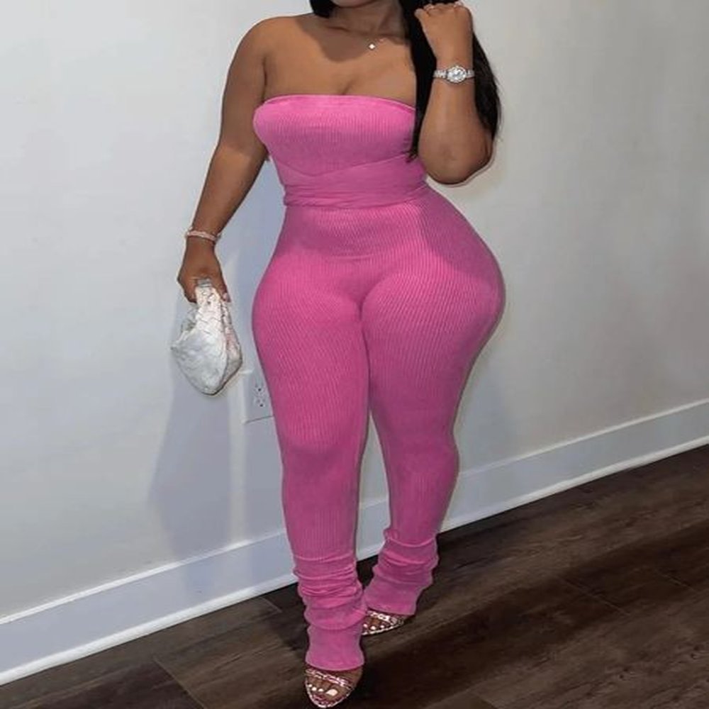 lw bateau neck strap pink jumpsuit rib knit plain weave