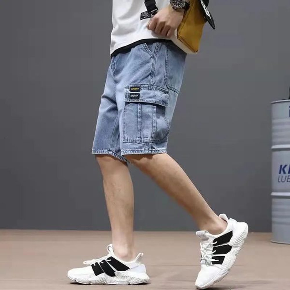 ly arrived fashionable mens casual loose pocket jeans street clothing products summer denim straight knee short sleeved 241206