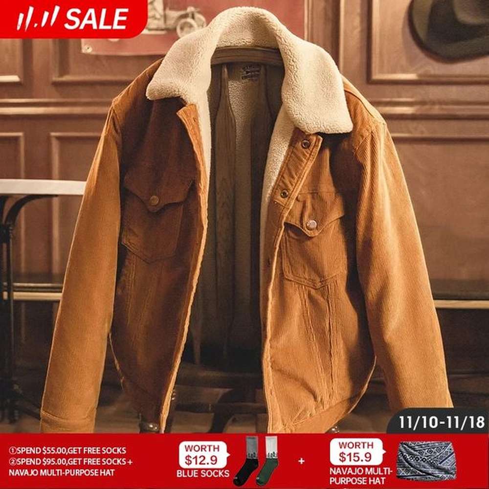 Maden Faux Lamb Wool Corduroy For Men Ginger Color Thickened Lapel Single-Breasted Coat Fall And Winter Warm Jacket