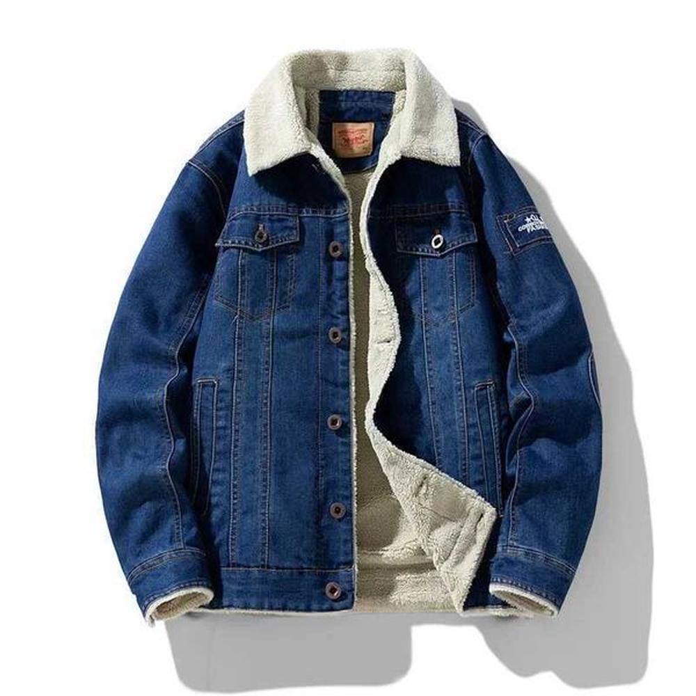 MaiDangDi Classic American Vintage Washed Cotton Autumn and Winter Lamb Fleece Denim Men Plush Warm Flip Collar Youth JacketXJ241206