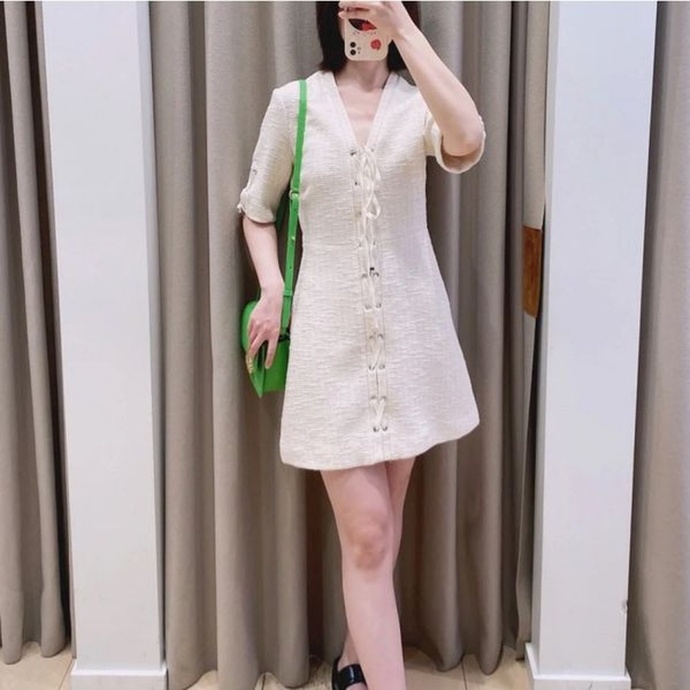 majev neck dark striped tweed tie up short sleeved dress