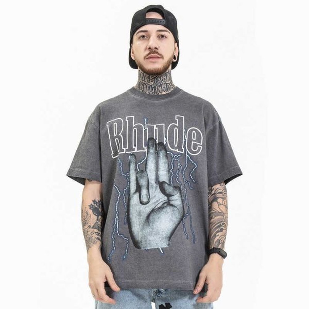 Major leocue beasbany short sleeve t-shirt summer new fashion brand loose top Personalized English rock print men's wear gray XL