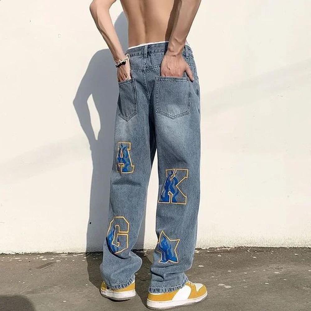 Man Cowboy Pants Graphic Mens Jeans With Print Star Trousers Straight Autumn Clothing Stylish Classic Clothes Y2k 2000s 250118