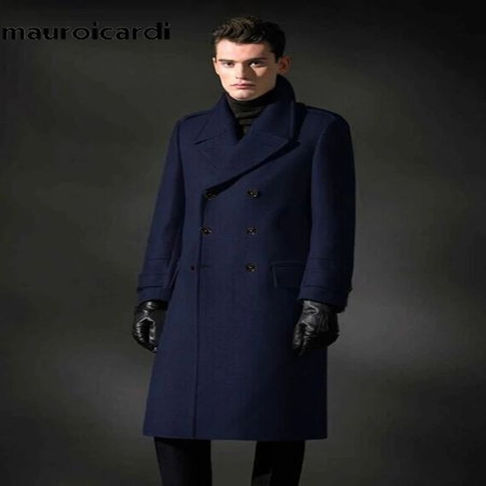 Mauroicardi Autumn Winter Long Warm Smart Casual Navy Blue Black Woolen Coat Men Double Breasted Wool Blends Overcoat 250106