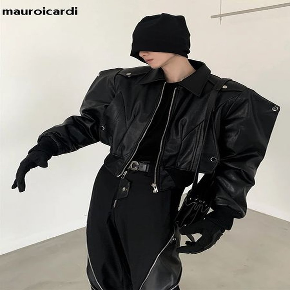 Mauroicardi Spring Autumn Cool Handsome Short Oversized Black Pu Leather Jacket Men with Shoulder Pads Long Sleeve Zipper 241216
