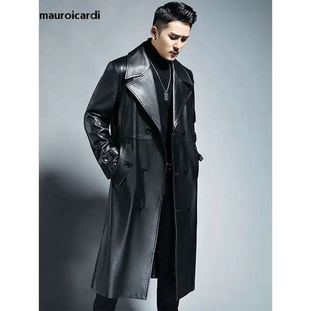 Mauroicardi Spring Autumn Long Cool Waterproof Black Pu Leather Trench Coat Men Double Breasted Plus Size Outerwear xl