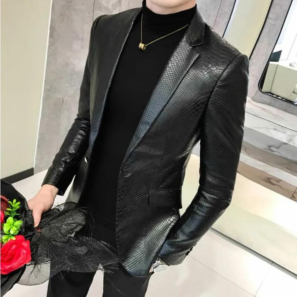 Men Black Slim Fit Blazer Hombre PU Leather Jacket Male One Button Business Casual Prom Korean Suit Coat 240306 B3