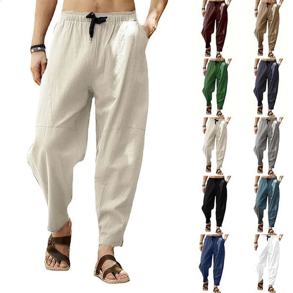 Men Casual Cotton Linen Trousers Summer Thin Breathable Pencil Pants Solid Color Drawstring Multipocket AnkleLength Male 241230