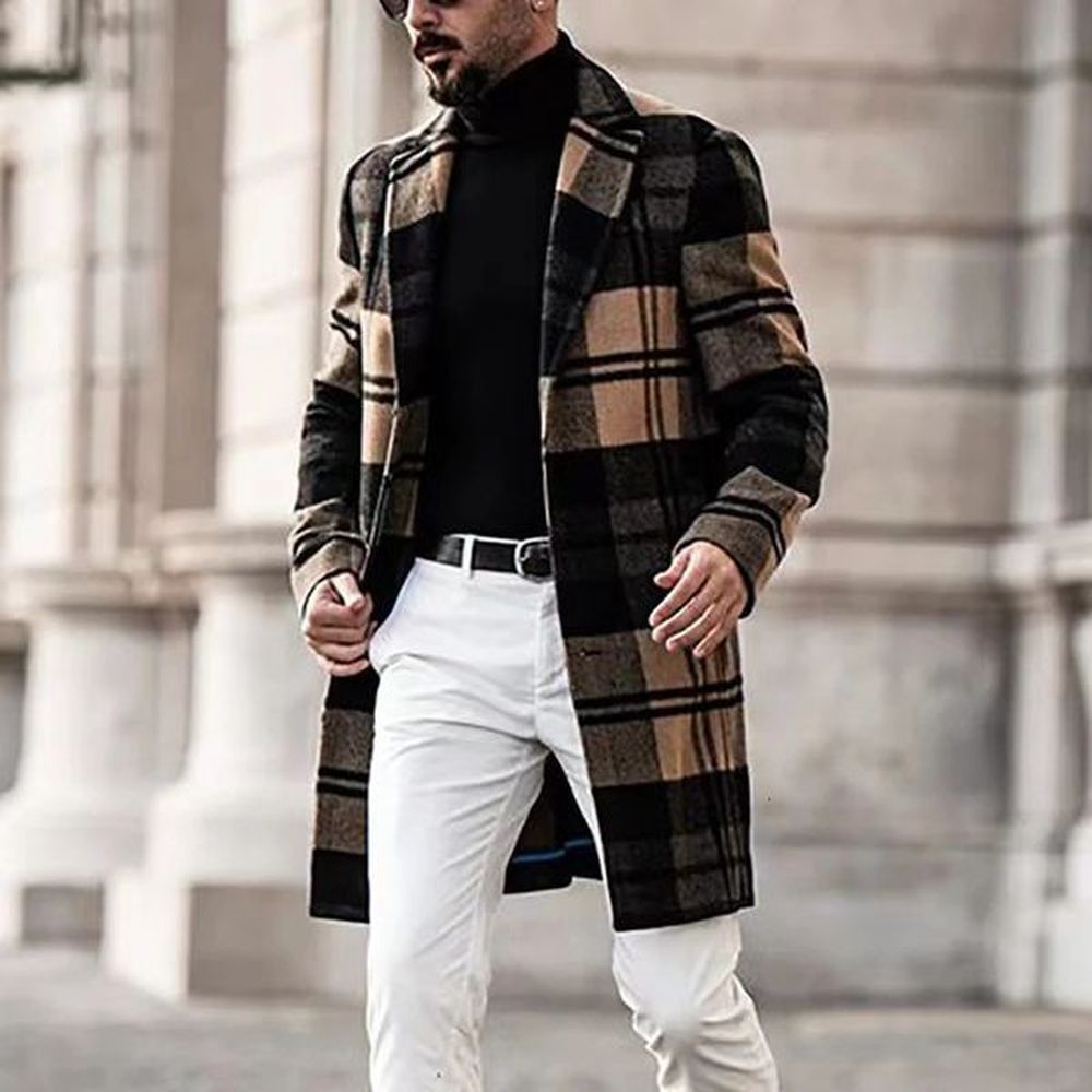 men casual plaid woolen overcoat autumn winter mid length loose