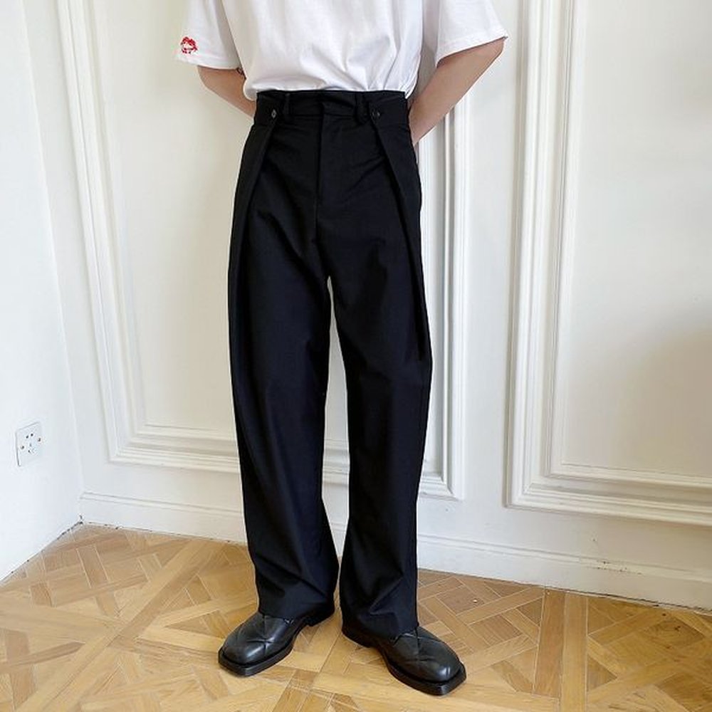 Men Cotton Blend Wide Leg Casual Long Suit Pants Streetwear Fashion Show Trousers Black Drawstring