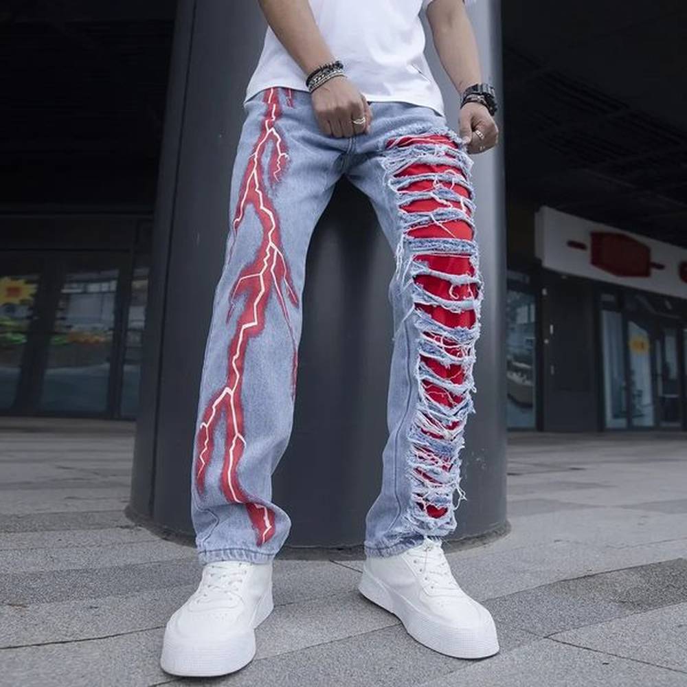 Men Cracked Stretchable Lightning Jeans Fashionable Streetwear Holes Ripped Patchwork Denim Pants Slim Skinny Trousers for Men 240806