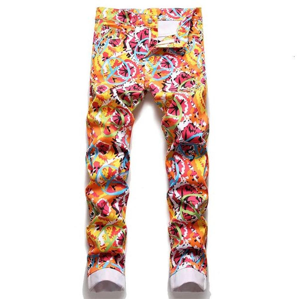 Men 3D Digital Print Jeans Fashion Fancy Color Y2K Slim Stretch Pants Casual Pattern Printed Trousers 240806