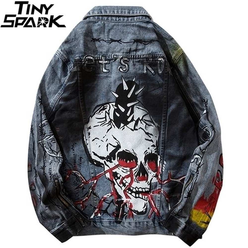 Men Denim Jackets Streetwear Skull Graffiti Blue Denim Jean Jacket Coat Hip Hop Harajuku Bomber Jacket Punk Rock Vintage 201119