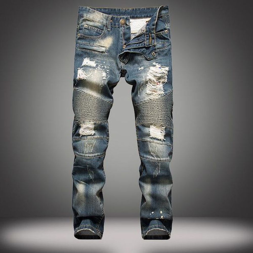 Men Fashion Designer Ripped Biker Jeans Slim Fit Denim Pants Distressed Joggers Washed Pleated Blue Jeans