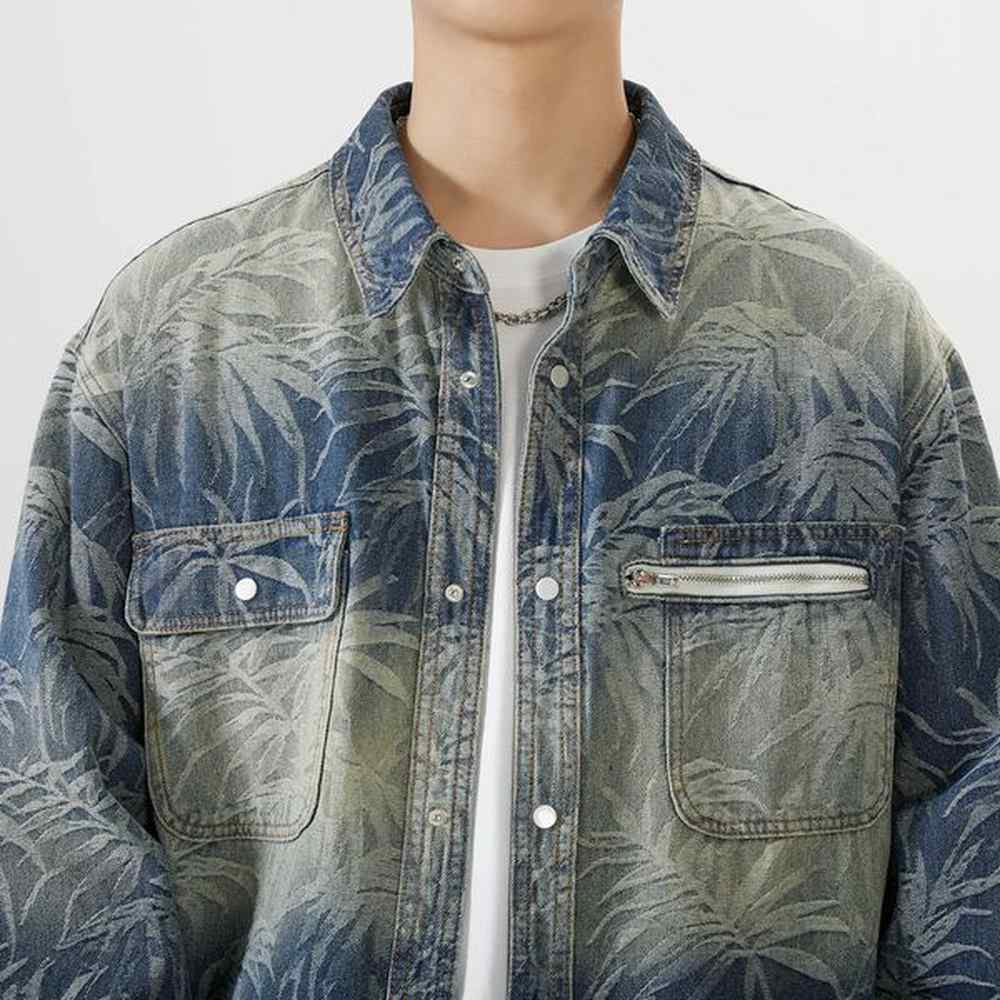 2024 Men Fashion Leaves Print Loose Casual Denim Jacket Male Streetwear Hip Hop Spring Autumn Vintage Jeans Coat 240311