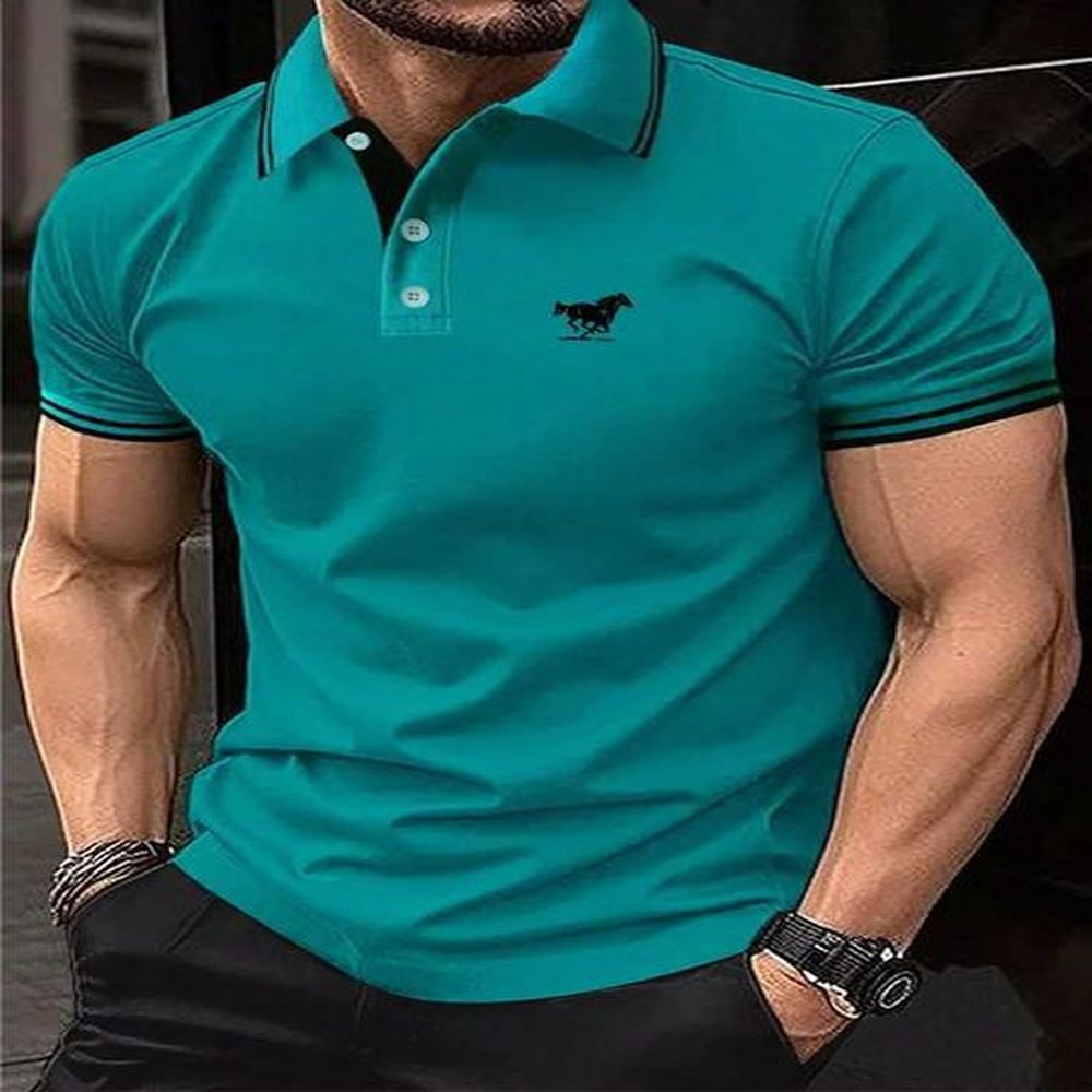 Men Horse Print Striped Trim Polo Shirt Business Short Sleeve Golf Shirt EUROPEAN MeasurementXJ241225