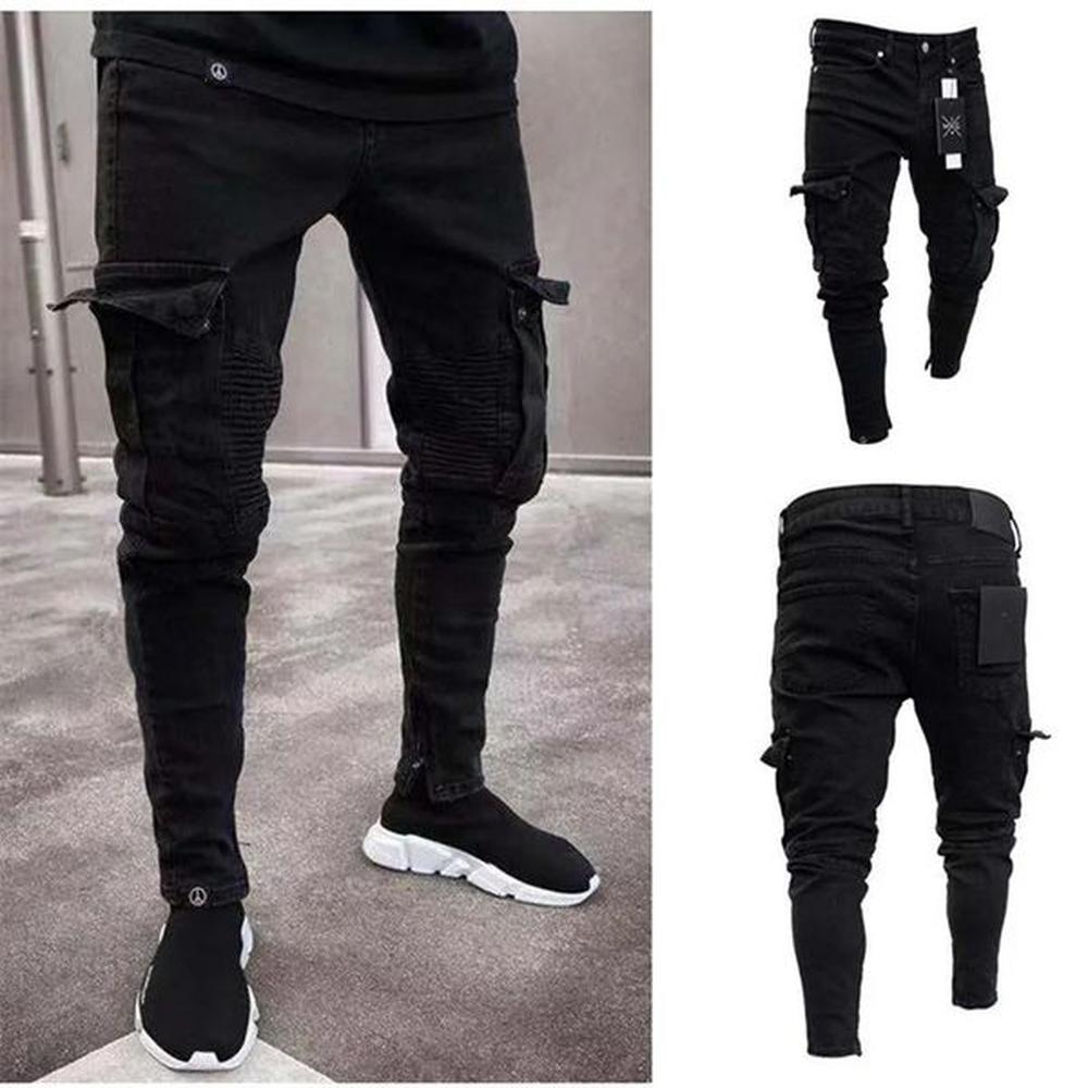 Men Jeans Knee Hole Ripped Zipper Stretch Skinny Denim Pants Solid Color Black MultiPocket HipHop Style Slim Fit Trousers 240806