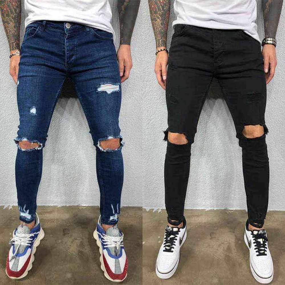 Men Jeans Skinny Ripped Stretch Slim Elastic Denim Pants Black Blue Male Spring Summer Autumn Hip Hop Zipper Jeans G0104