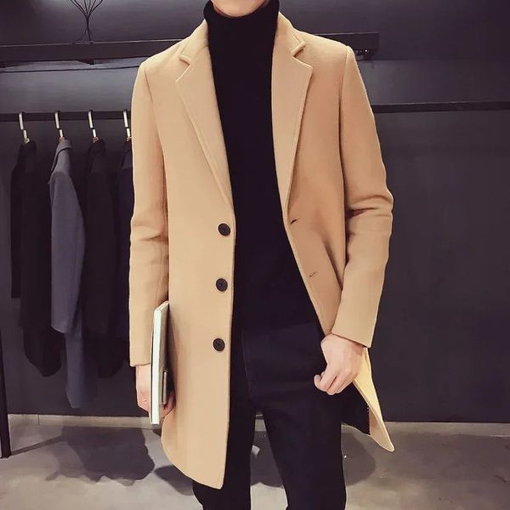 Men Long Cotton Coat 2023 Autumn Winter Wool Blend Pure Color Casual Business Fashion Slim Windbreaker Jacket Clothing 250106