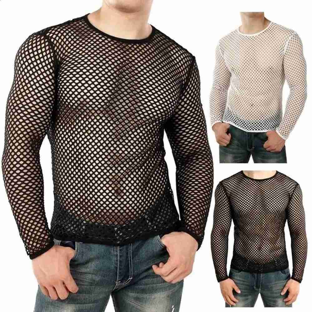 Men Mesh T Shirt Transparent Sexy Fishnet O Neck Long Sleeve Club Tshirt Party Nightclub Hollow Out Seethrough 241223