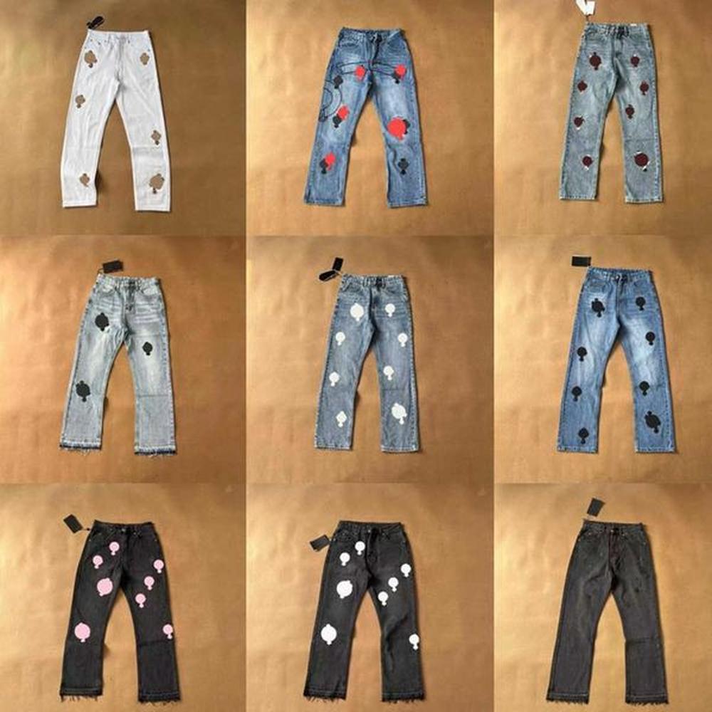Men Pants Designer jeans Clothing Mens Jeans Denim Cross Brands Sanskrit Washed Into Old Straight Jean Splashink Loose Crucifix Applique for