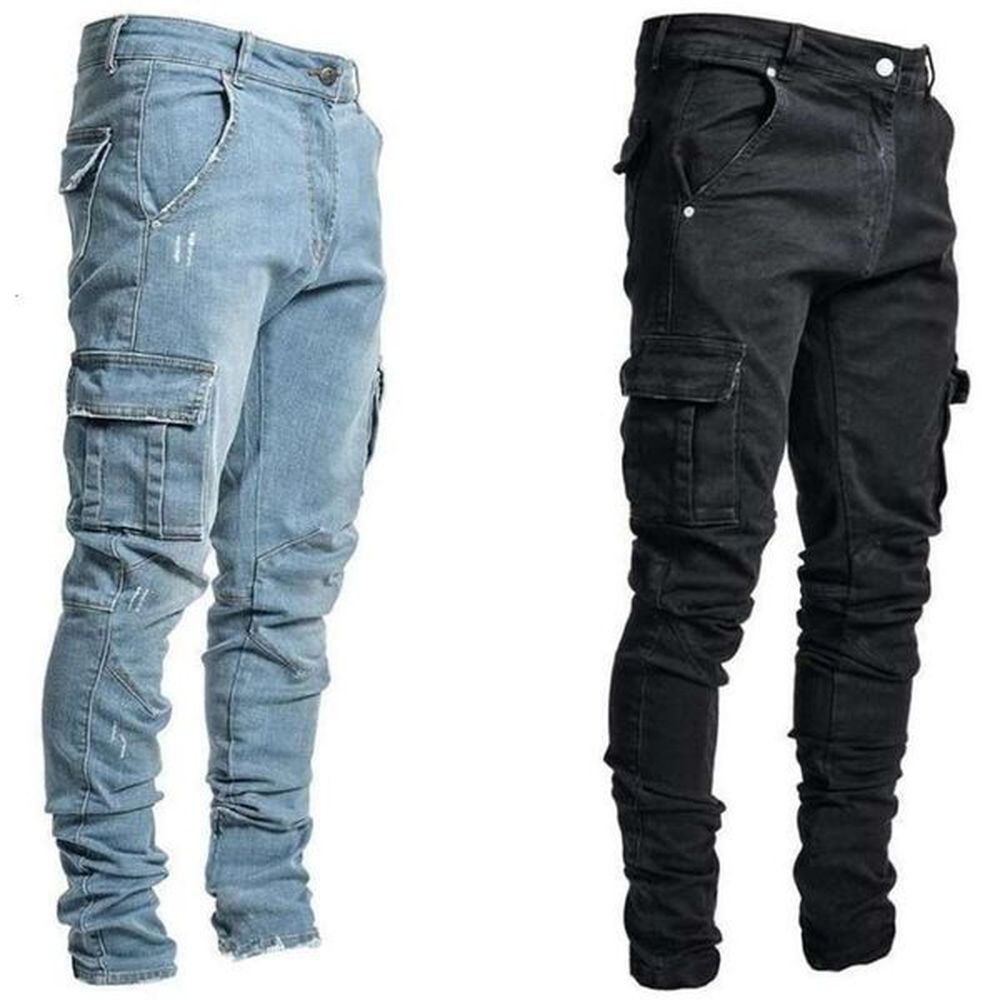 Men Pants Wash Solid Color Multi Pockets Denim Mid Waist Cargo Jeans Plus Size Fahsions Casual Trousers Male Daily Wear