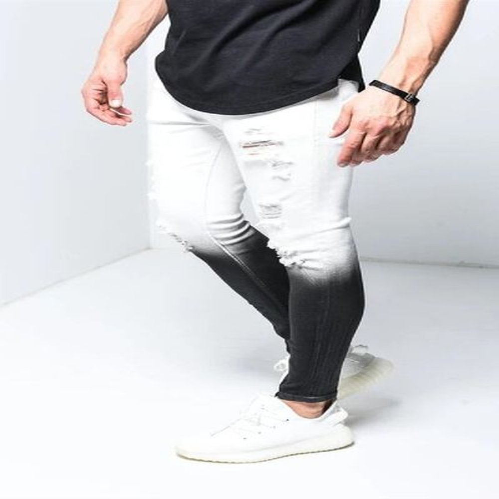 Men ripped skinny jeans for teenagers stretch black white gradient color denim jean ankle zipper pant