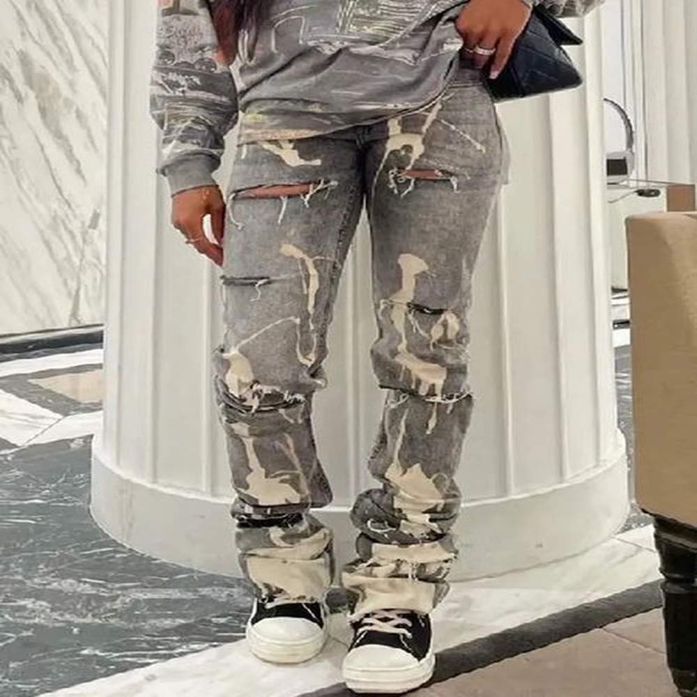 Men s Jeans Sifreyr Casual Ripped Hole Women Fashion Gray Print High Waist Denim Skinny Trousers Streetwear Bottoms Y2K Stacked Pants 231116