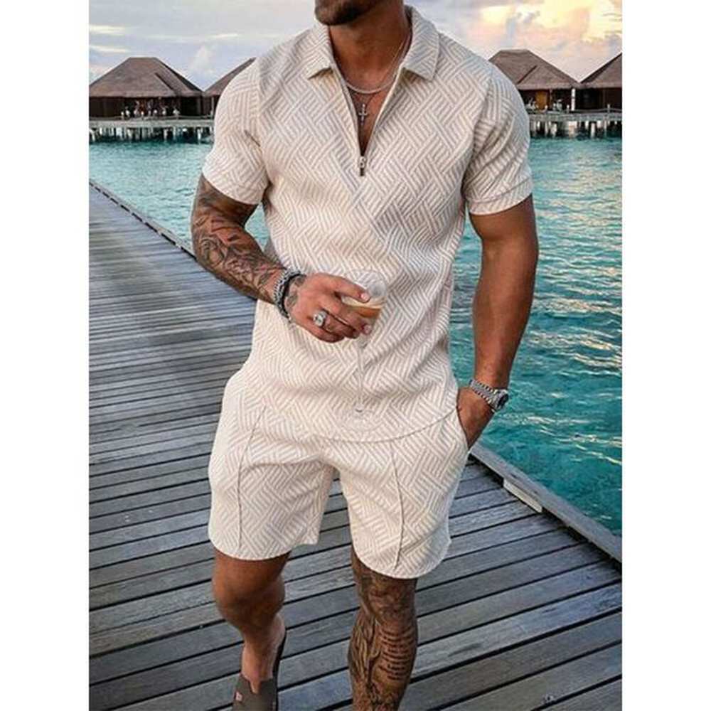 Men S New Casual Contrast POLO Zipper Polo Short Sleeve Set