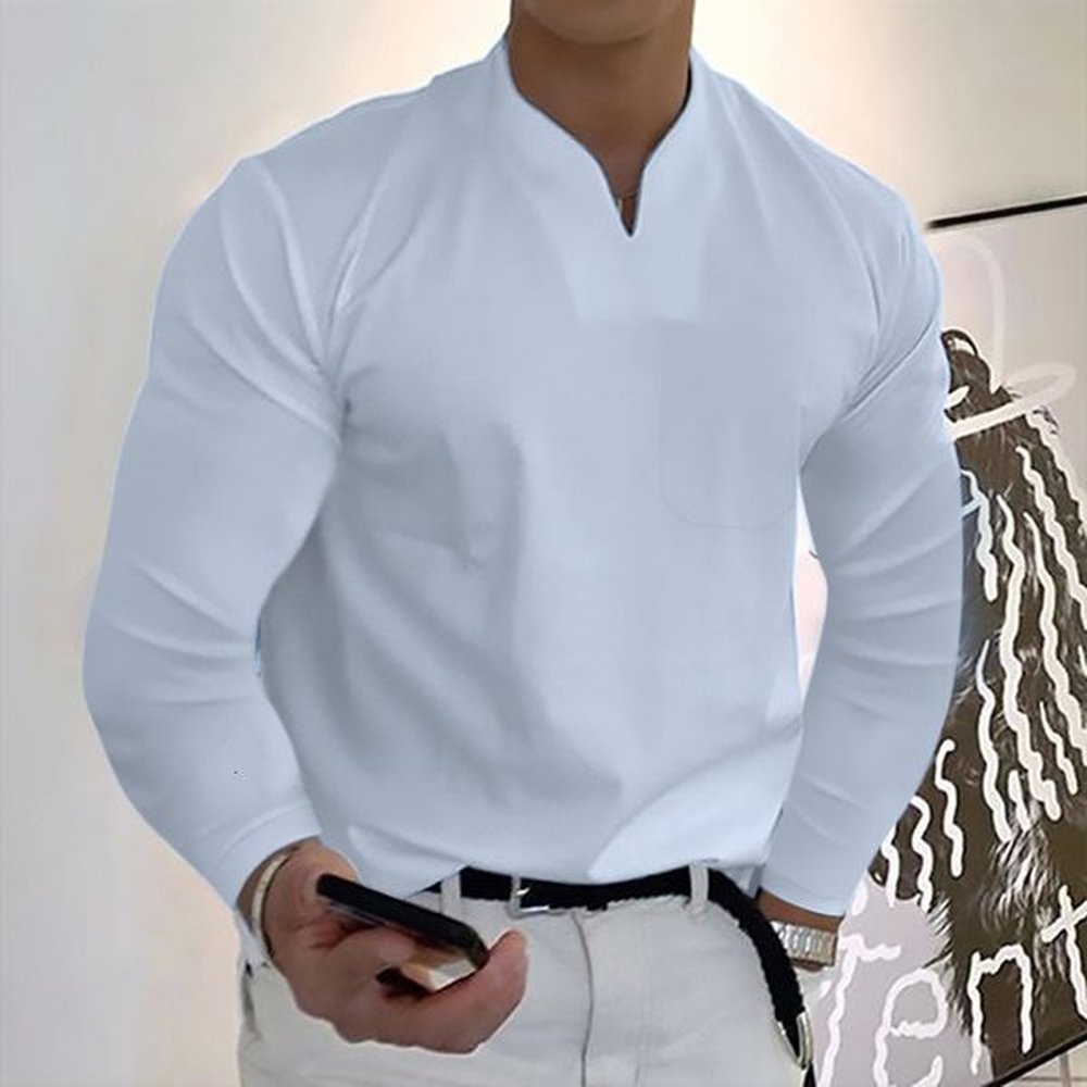 Men s Polos Tops Solid Color Slim Fit Long Sleeves Pullover Colorfast V Neck Casual Autumn Shirt Clothes T Shirts 230414